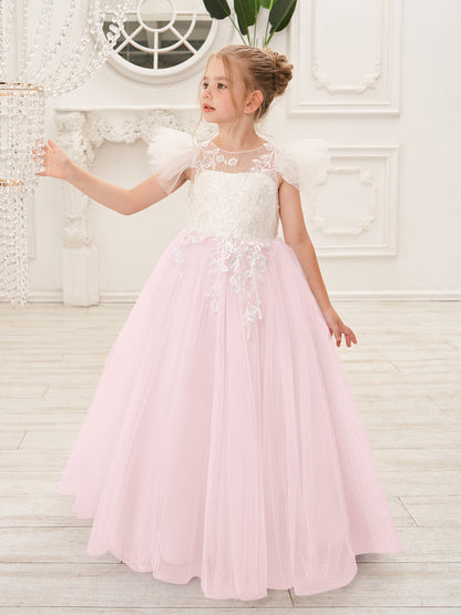 Detachable  Lace Tulle Sweep Train Flower Girl Dress