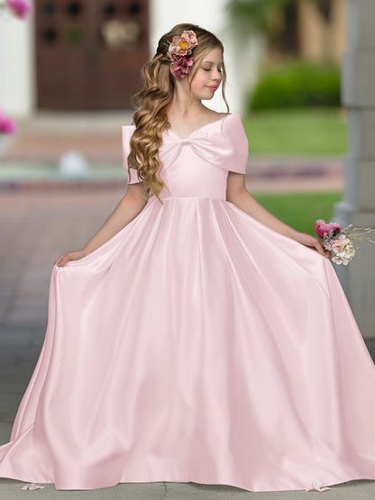 Elegant Ivory Satin Princess Ball Gown with Sweep Train and Bow for Flower Girls