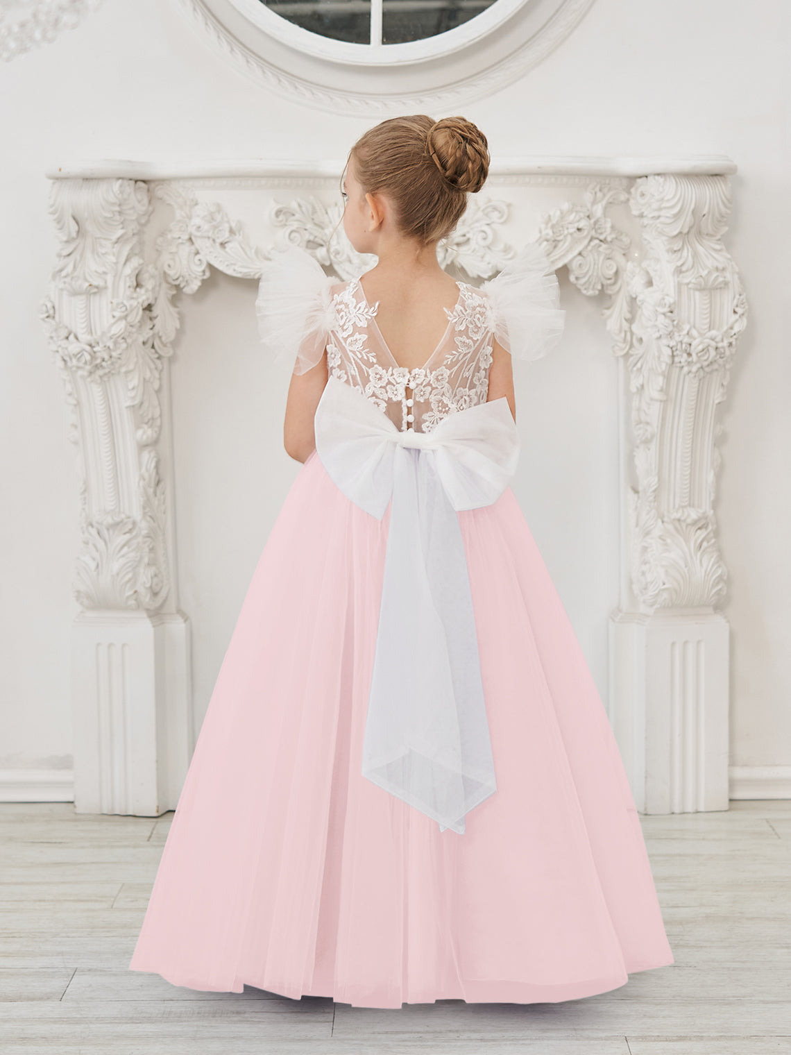 Detachable  Lace Tulle Sweep Train Flower Girl Dress