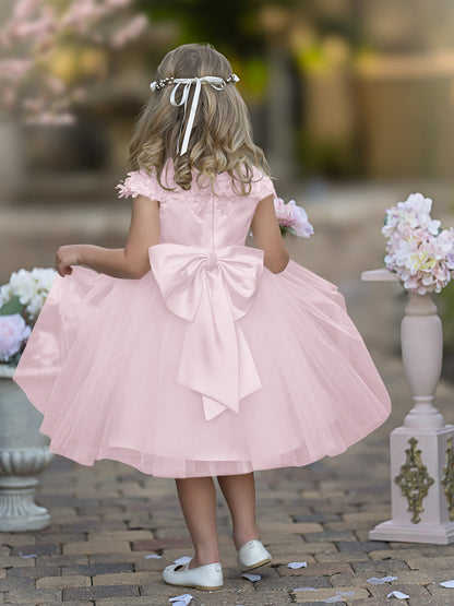 Satin Tulle Tea-length Ivory First Communion Flower Girl Dress