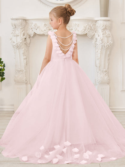 Elegant White Tulle Flower Girl Dress with Sweep Train