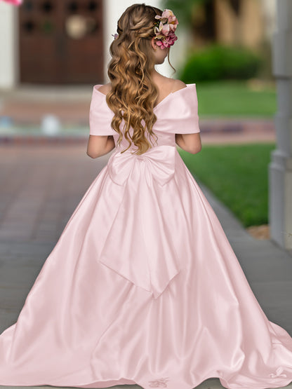 Elegant Ivory Satin Princess Ball Gown with Sweep Train and Bow for Flower Girls