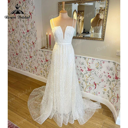 NumberSea - Boho A - Line Wedding Dress Custom For Women 2025 Bride Gown Sexy V - neck Spaghetti Straps Back Lace Up Bow Belt Lace Sweep vestido