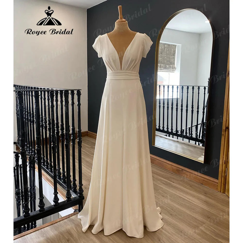 Brautkleid Sommer Tiefer tiefer V-Ausschnitt Weiches Satin-Hochzeitskleid 2024 Damen-Brautkleid mit Flügelärmeln Boho Hochzeitskleid Strand 