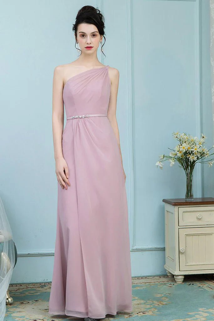 NumberSea - Brenna Floor Length One Shoulder Natural Waist Sheath/Column Chiffon Sleeveless Bridesmaid Dresses