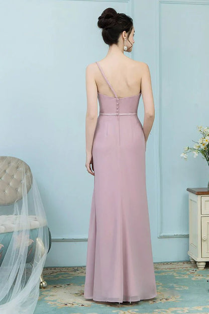 NumberSea - Brenna Floor Length One Shoulder Natural Waist Sheath/Column Chiffon Sleeveless Bridesmaid Dresses