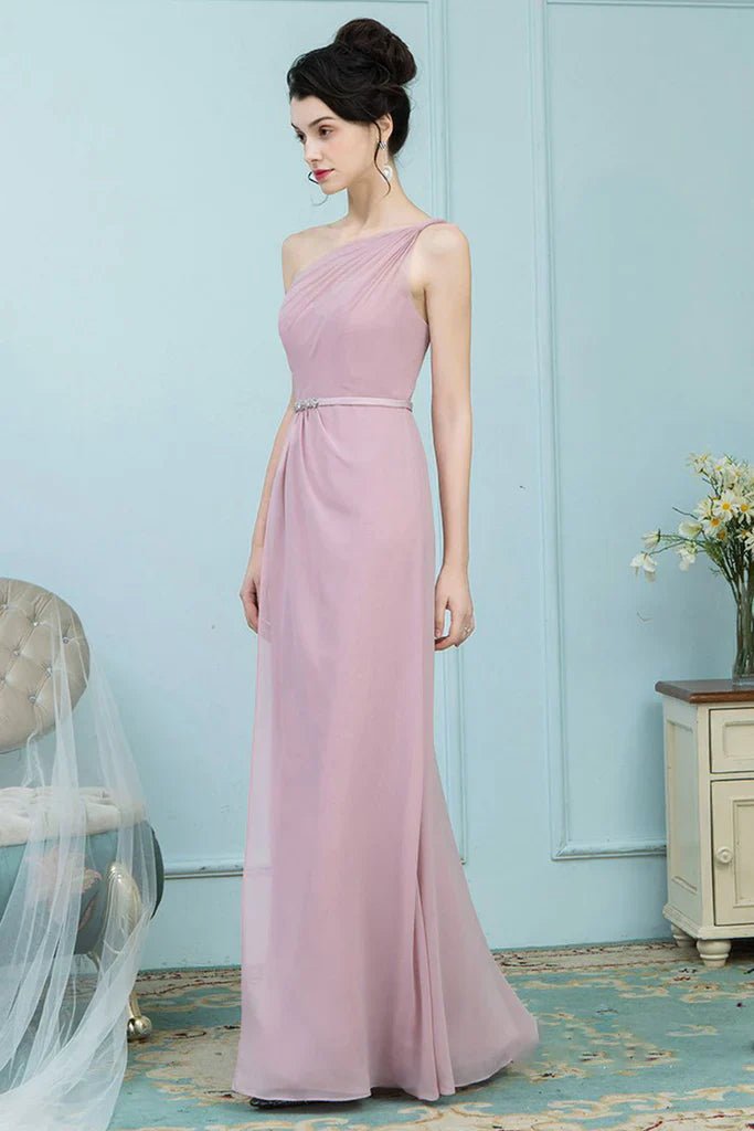 NumberSea - Brenna Floor Length One Shoulder Natural Waist Sheath/Column Chiffon Sleeveless Bridesmaid Dresses