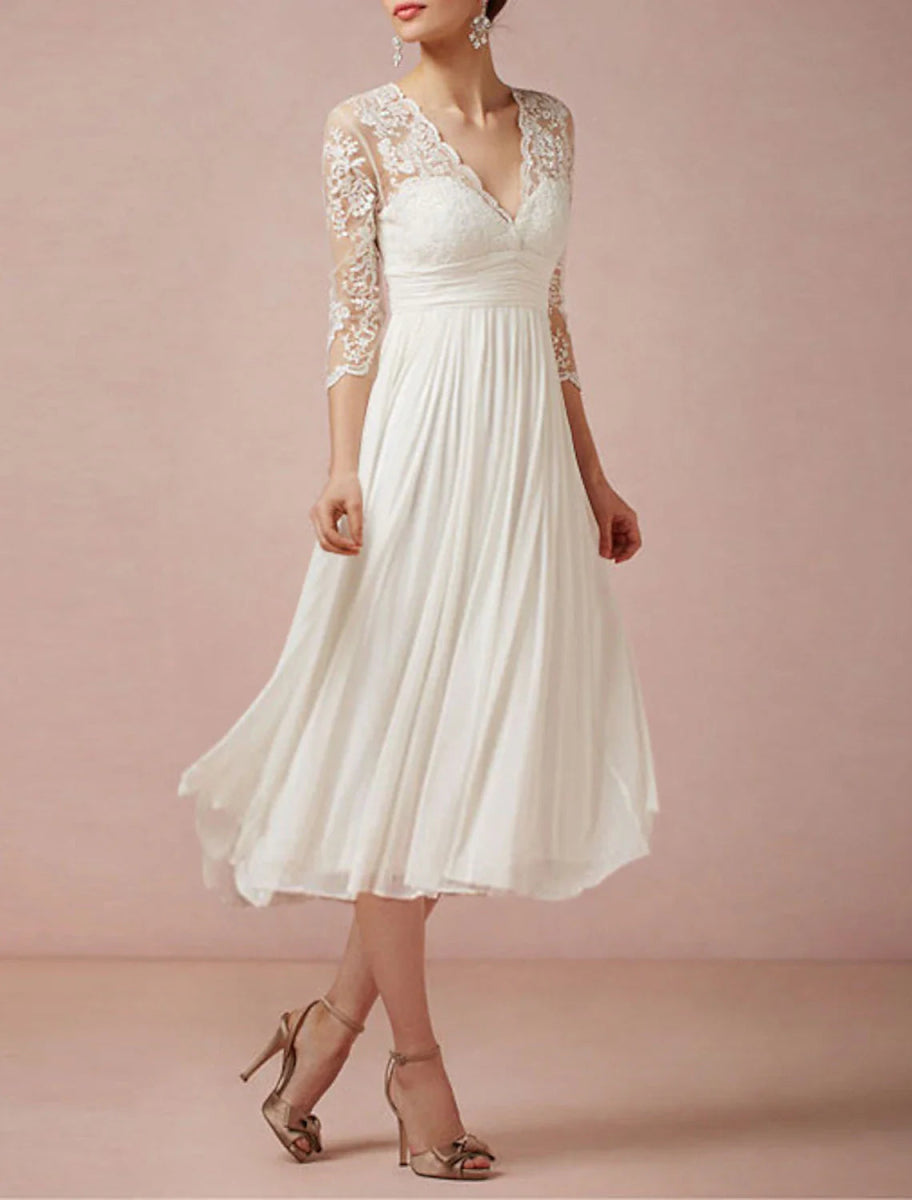 NumberSea - Bridal Shower Little White Dresses Wedding Dresses A - Line V Neck 3/4 Length Sleeve Tea Length Chiffon Bridal Gowns With Appliques Solid Color