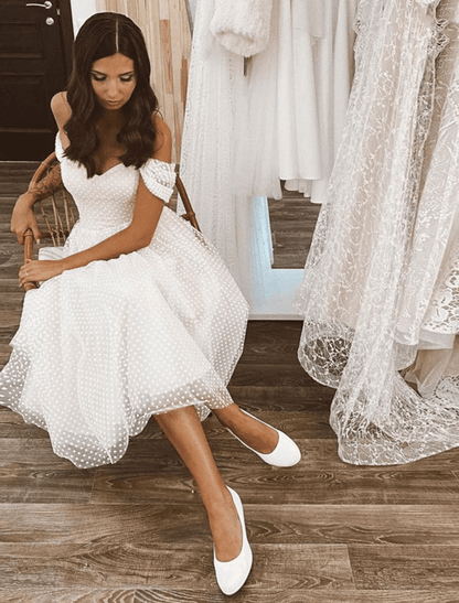 NumberSea - Bridal Shower Little White Dresses Wedding Dresses Knee Length A - Line Sleeveless Off Shoulder Tulle With Solid Color