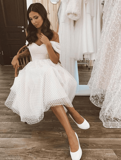 NumberSea - Bridal Shower Little White Dresses Wedding Dresses Knee Length A - Line Sleeveless Off Shoulder Tulle With Solid Color