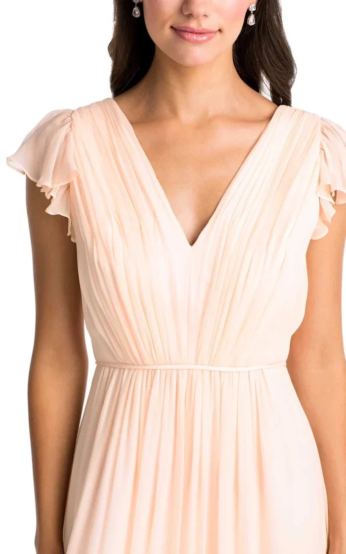 NumberSea - Bridesmaid Dress High - Low Cap Sleeve Ruched V - Neck Chiffon