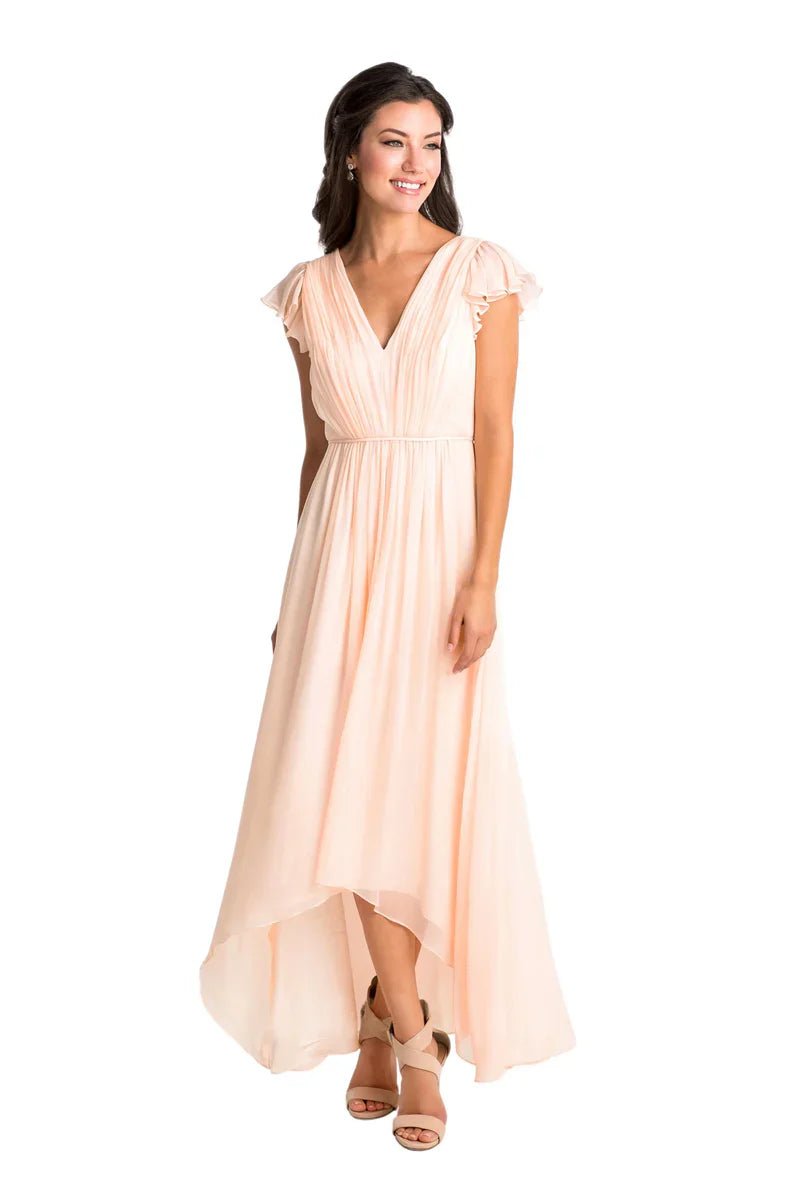 NumberSea - Bridesmaid Dress High - Low Cap Sleeve Ruched V - Neck Chiffon