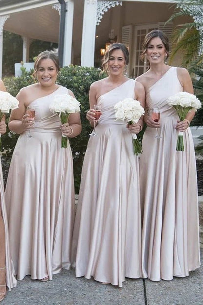 NumberSea - Bridesmaid Dress One Shoulder A - line Satin Long with Slit