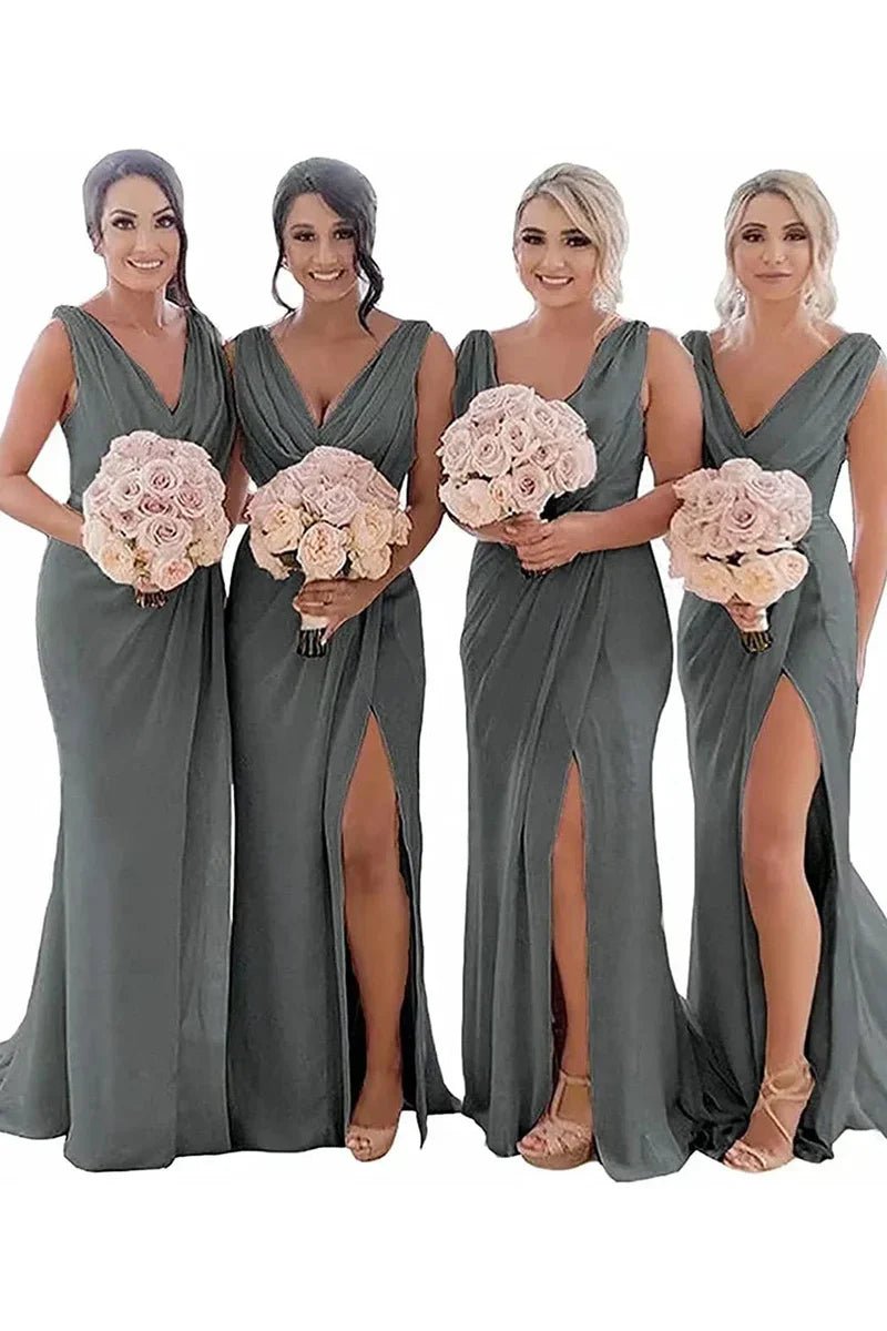 NumberSea - Bridesmaid Dress Rust Sheath Chiffon Ruched Long with Slit