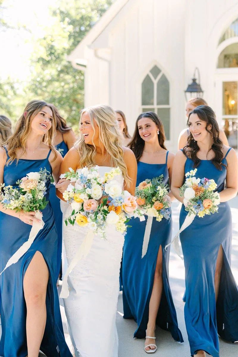 NumberSea - Bridesmaid Dresses Simple Mermaid Spaghetti Straps Blue Long