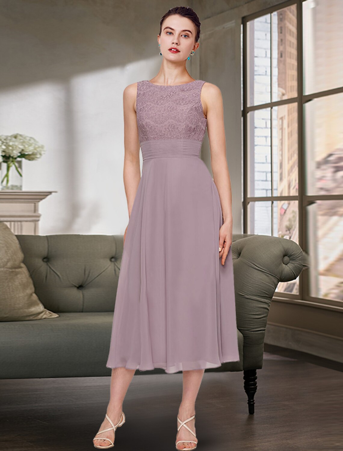 Zweiteiliges Kleid für die Mutter der Braut, Hochzeitsgast, eleganter Rundhalsausschnitt, wadenlang, Chiffon, Spitze, halbe Ärmel, einfarbig