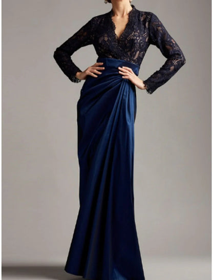 Sheath / Column Mother of the Bride Dress Wedding Guest Elegant V Neck Floor Length Velvet Long Sleeve with Lace Ruching