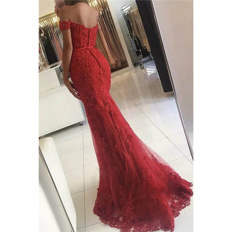 NumberSea - Burgundy Lace Beaded Off - the - shoulder Mermaid Prom Dress