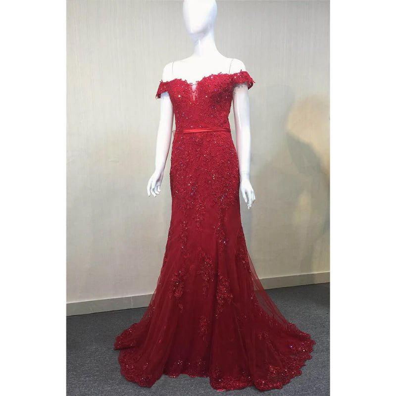 NumberSea - Burgundy Lace Beaded Off - the - shoulder Mermaid Prom Dress