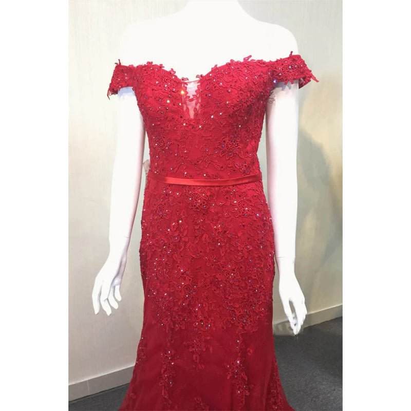 NumberSea - Burgundy Lace Beaded Off - the - shoulder Mermaid Prom Dress