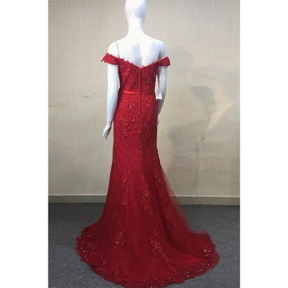 NumberSea - Burgundy Lace Beaded Off - the - shoulder Mermaid Prom Dress