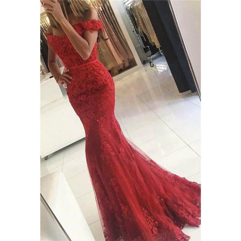 NumberSea - Burgundy Lace Beaded Off - the - shoulder Mermaid Prom Dress