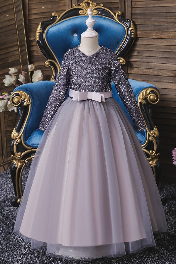 NumberSea - Burgundy Long Sleeve Sequins Tulle Flower Girl Dresses