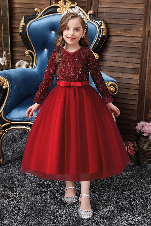 NumberSea - Burgundy Long Sleeve Sequins Tulle Flower Girl Dresses