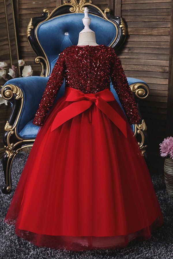 NumberSea - Burgundy Long Sleeve Sequins Tulle Flower Girl Dresses