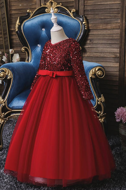 NumberSea - Burgundy Long Sleeve Sequins Tulle Flower Girl Dresses