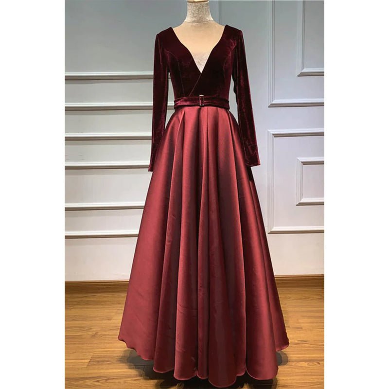 NumberSea - Burgundy Satin V - neck Velevt Long Sleeve A - line Long Prom Dress with Pockets