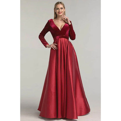 NumberSea - Burgundy Satin V - neck Velevt Long Sleeve A - line Long Prom Dress with Pockets