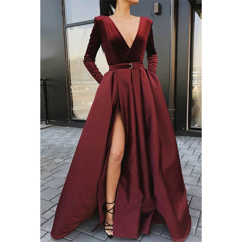 NumberSea - Burgundy Satin V - neck Velevt Long Sleeve A - line Long Prom Dress with Pockets