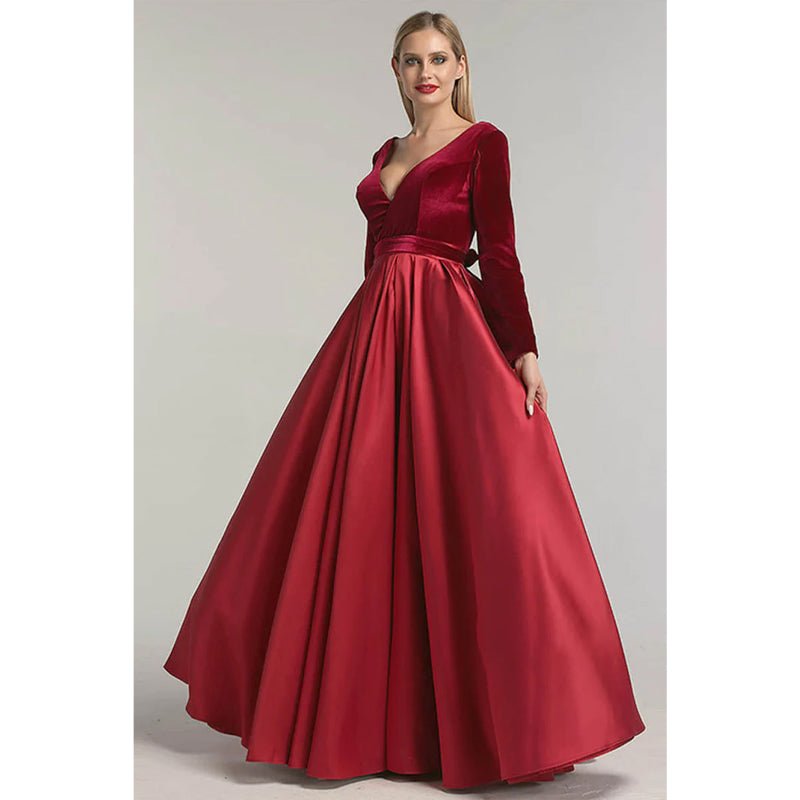 NumberSea - Burgundy Satin V - neck Velevt Long Sleeve A - line Long Prom Dress with Pockets