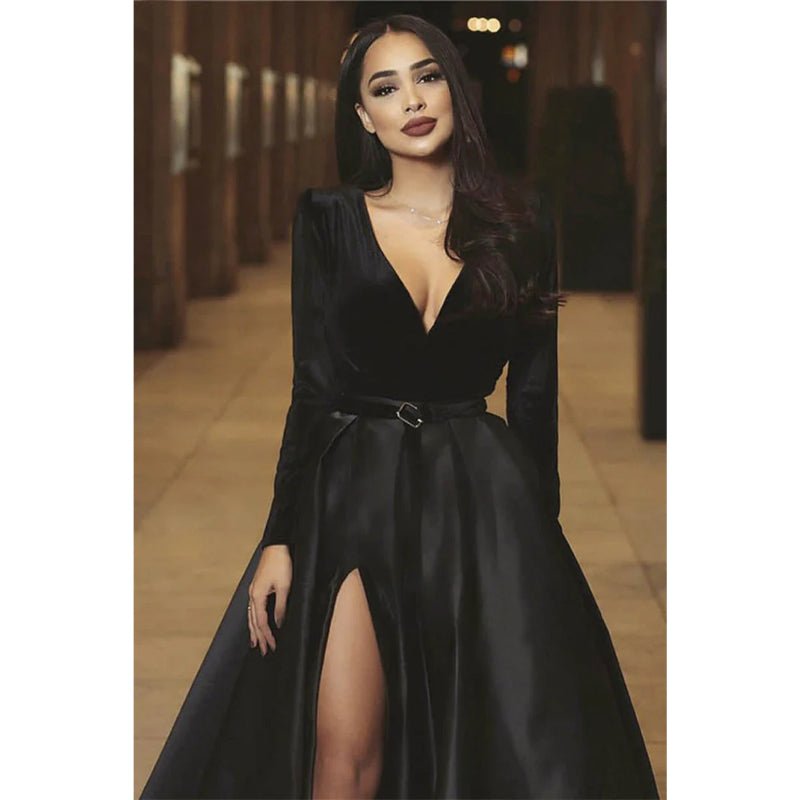 NumberSea - Burgundy Satin V - neck Velevt Long Sleeve A - line Long Prom Dress with Pockets