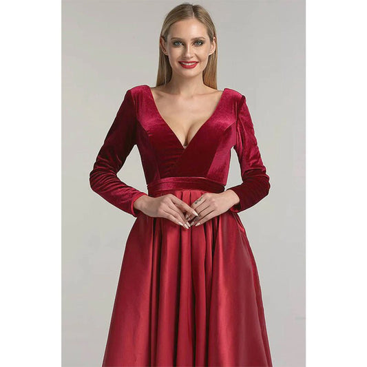 NumberSea - Burgundy Satin V - neck Velevt Long Sleeve A - line Long Prom Dress with Pockets