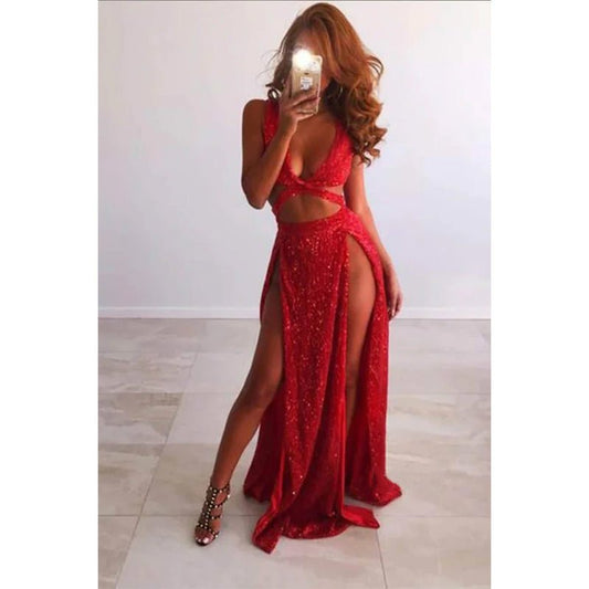 NumberSea - Burgundy Sequined Sexy Deep V - neck Split Party Dress Long Prom Dress