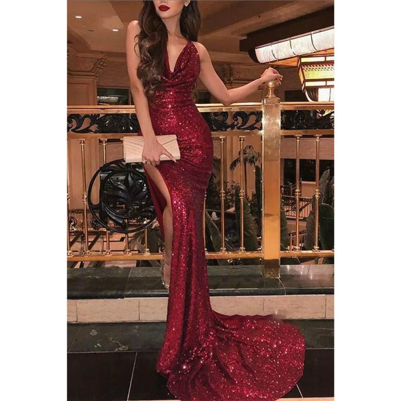 NumberSea - Burgundy Sequins Spaghetti Straps V - neck Mermaid Sparkle Prom Dress with Slit