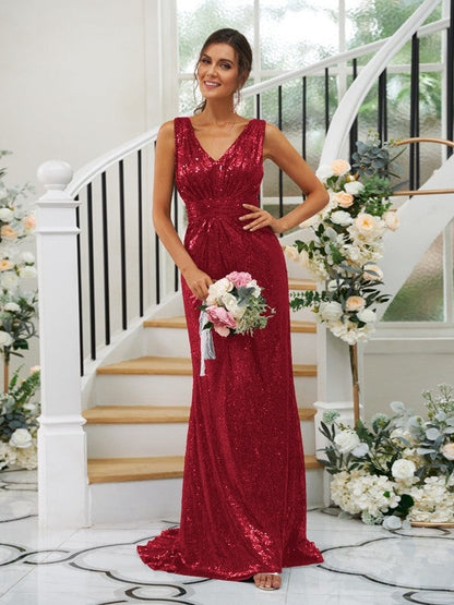 Sheath/Column Sequins Ruched V-neck Sleeveless Sweep/Brush Train Bridesmaid Dresses