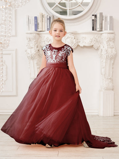 NumberSea - A - line Lace Tulle Sweep Train Pink Flower Girl Dress