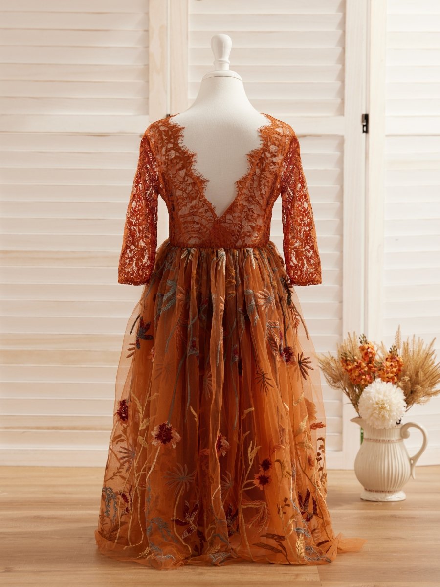 NumberSea - Burnt Orange Lace Tulle Embroidered Ankle Length Flower Girl Dress