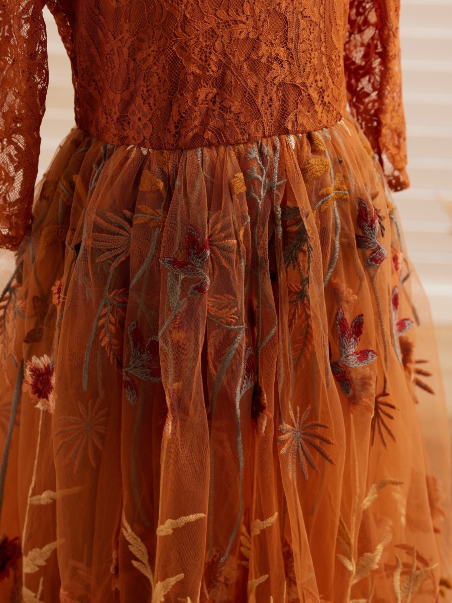 NumberSea - Burnt Orange Lace Tulle Embroidered Ankle Length Flower Girl Dress