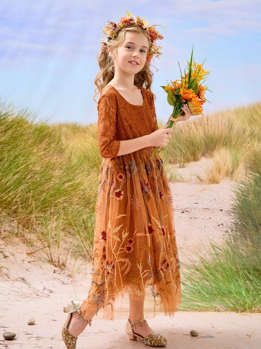 NumberSea - Burnt Orange Lace Tulle Embroidered Ankle Length Flower Girl Dress