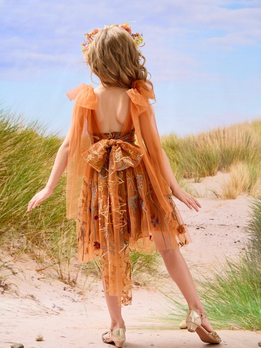 NumberSea - Burnt Orange Lace Tulle Embroidered Toddler Knee Length Flower Girl Dress