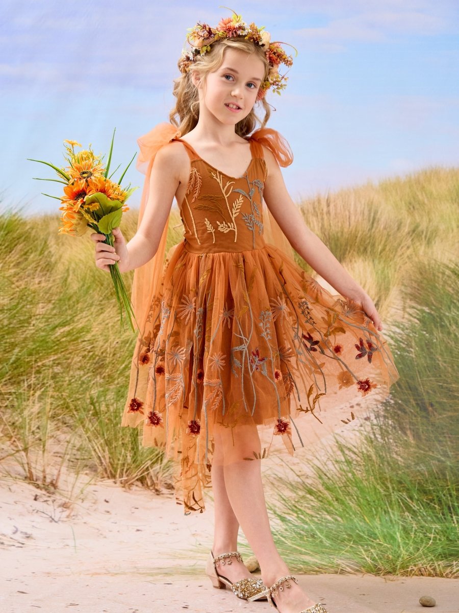 NumberSea - Burnt Orange Lace Tulle Embroidered Toddler Knee Length Flower Girl Dress