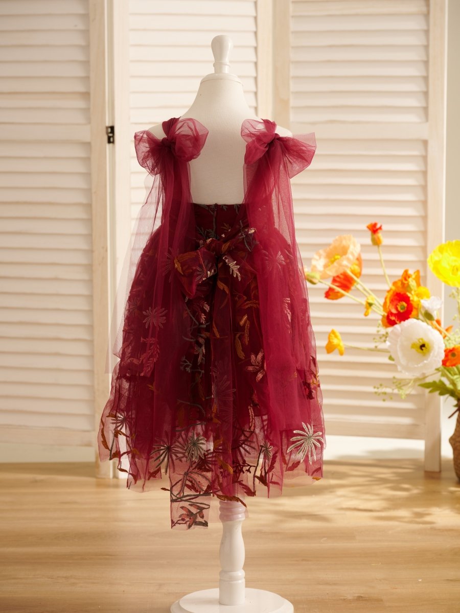 NumberSea - Burnt Orange Lace Tulle Embroidered Toddler Knee Length Flower Girl Dress