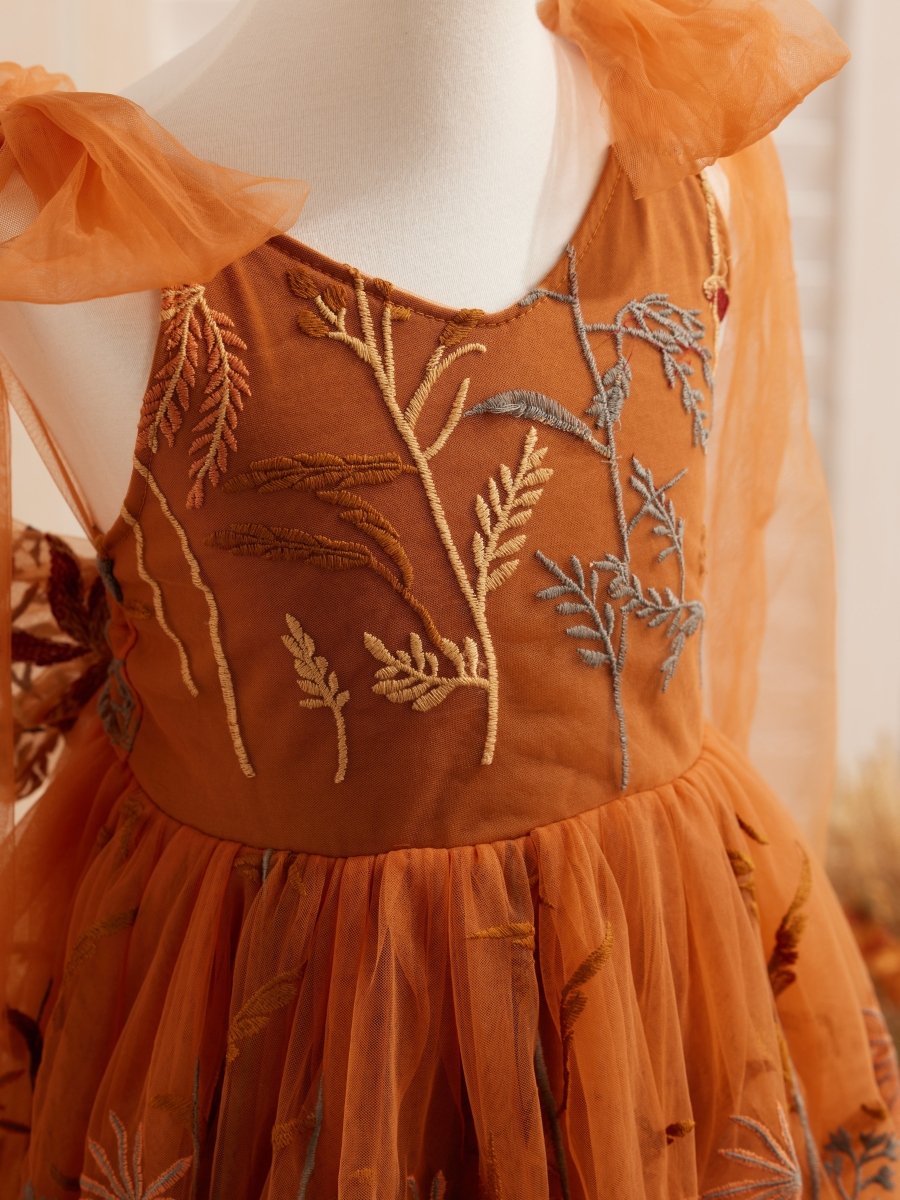 NumberSea - Burnt Orange Lace Tulle Embroidered Toddler Knee Length Flower Girl Dress