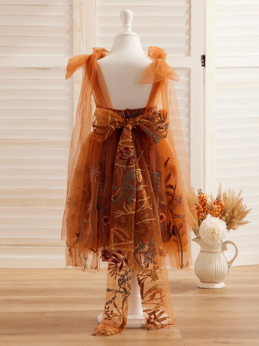 NumberSea - Burnt Orange Lace Tulle Embroidered Toddler Knee Length Flower Girl Dress