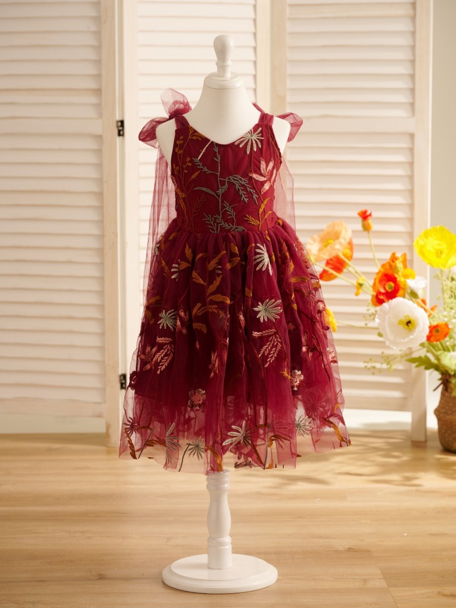 NumberSea - Burnt Orange Lace Tulle Embroidered Toddler Knee Length Flower Girl Dress