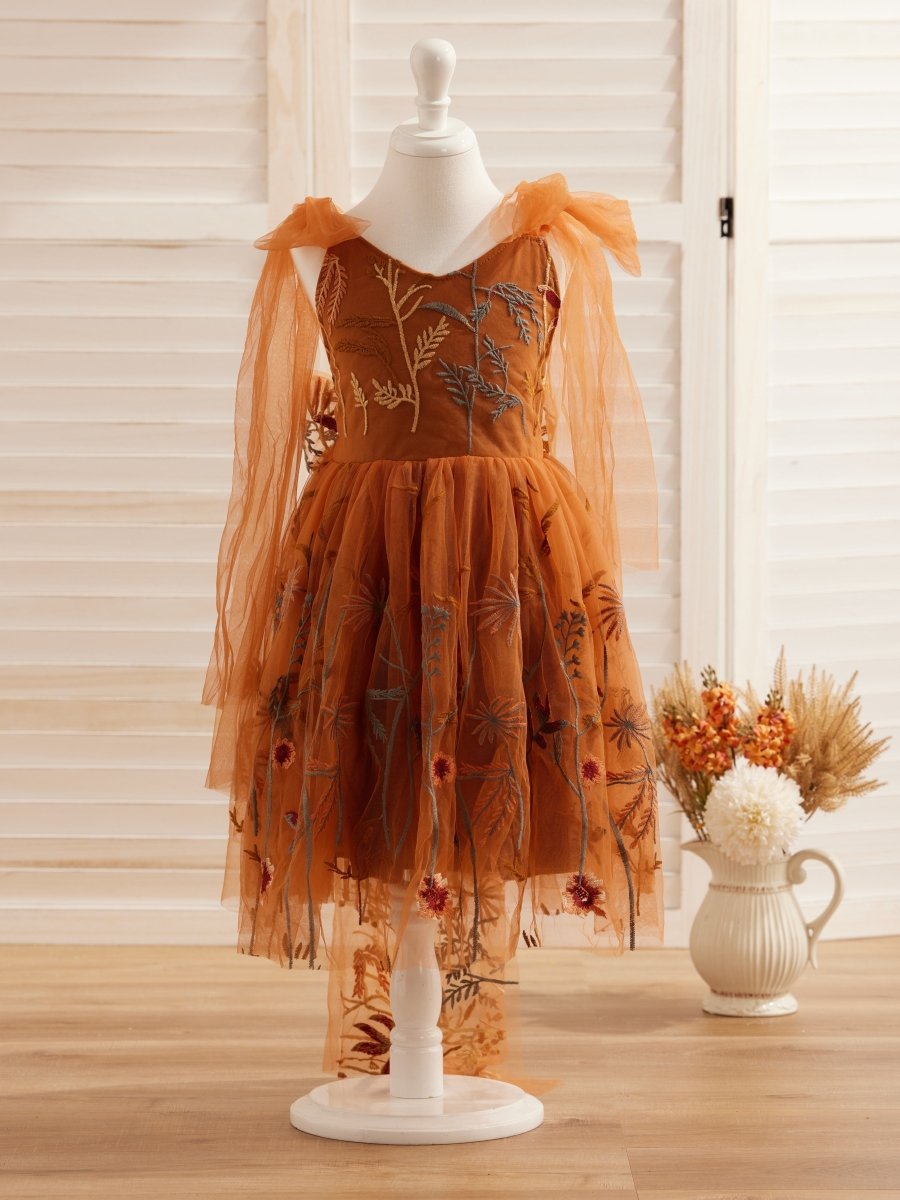 NumberSea - Burnt Orange Lace Tulle Embroidered Toddler Knee Length Flower Girl Dress